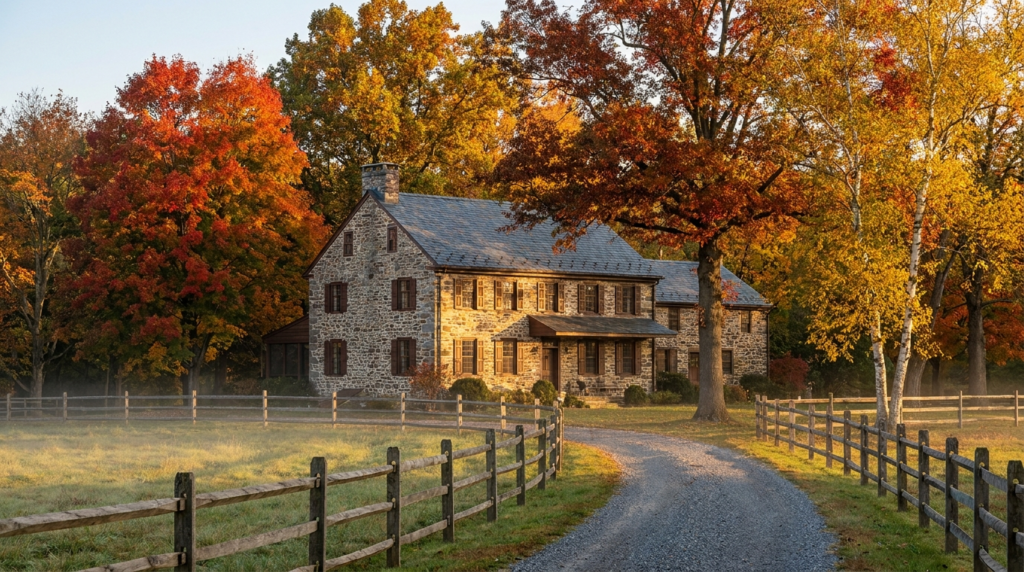 Historic Bucks County stone farmhouse amid autumn foliage - the best time to sell a house