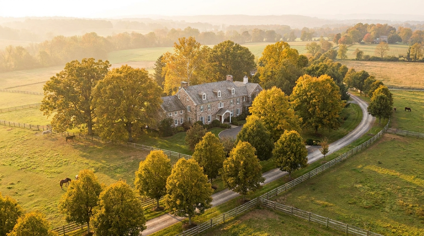 Rolling Bucks County countryside with preserved farmland and a stone estate in autumn