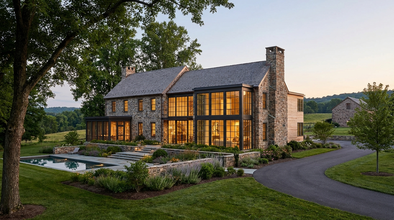 Custom-built Bucks County home blending fieldstone and modern glass