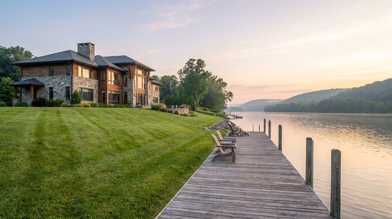 Luxury home with private Delaware River frontage and dock in Bucks County