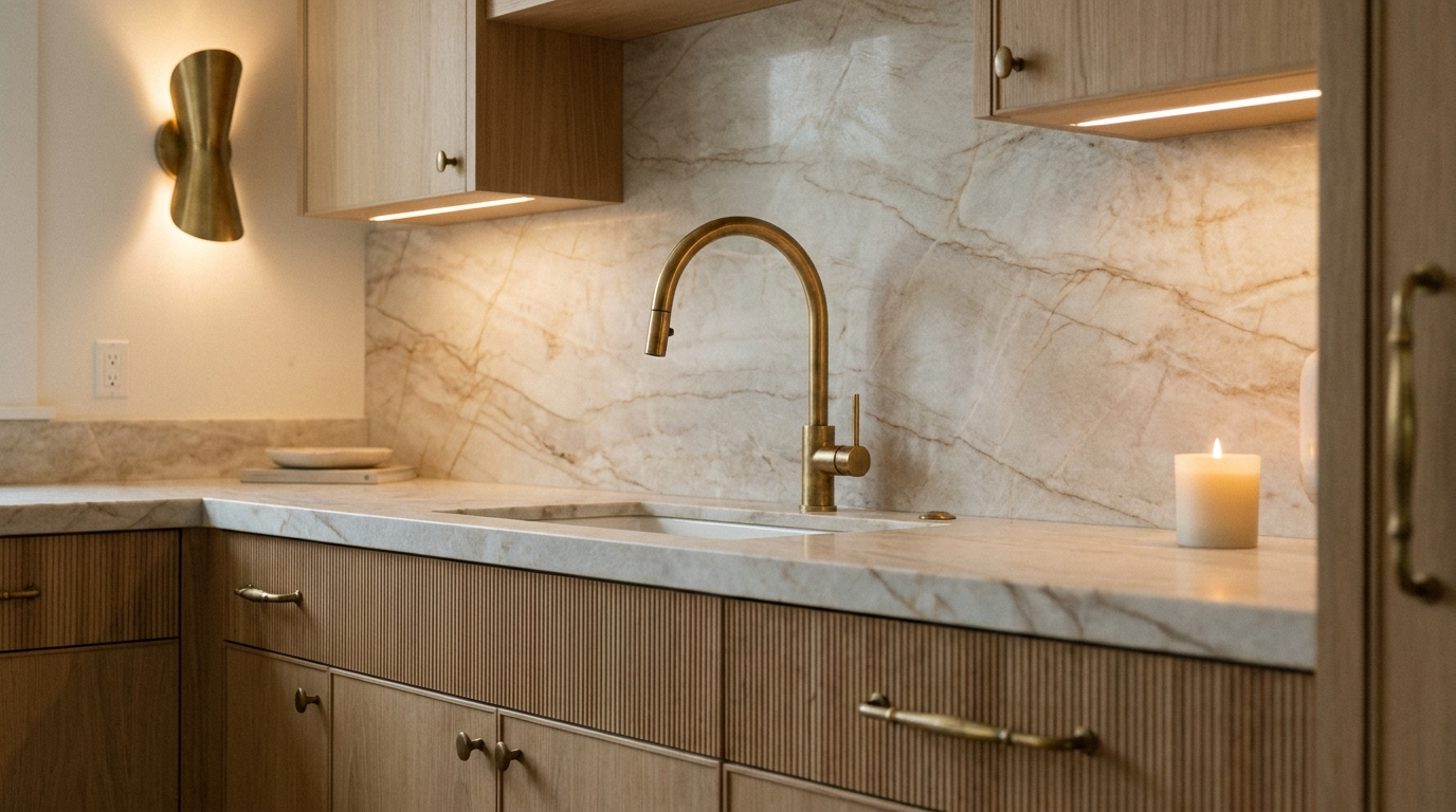 Close-up of luxury interior design details in oak, stone, and brass
