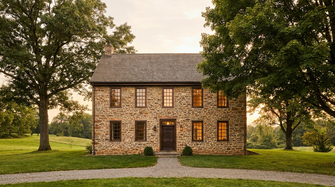 Restored 18th-century fieldstone farmhouse on acreage in Bucks County