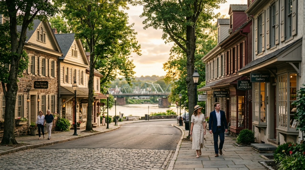 Main Street in New Hope, PA at golden hour with restored stone buildings and the Delaware River bridge — living in New Hope PA
