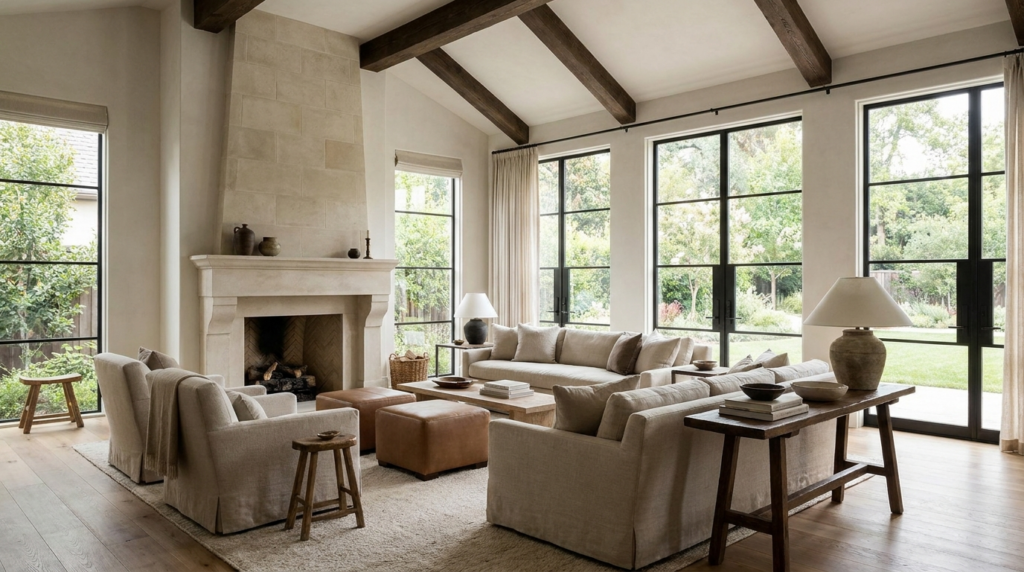 Timeless luxury home interior with classic architecture and natural materials