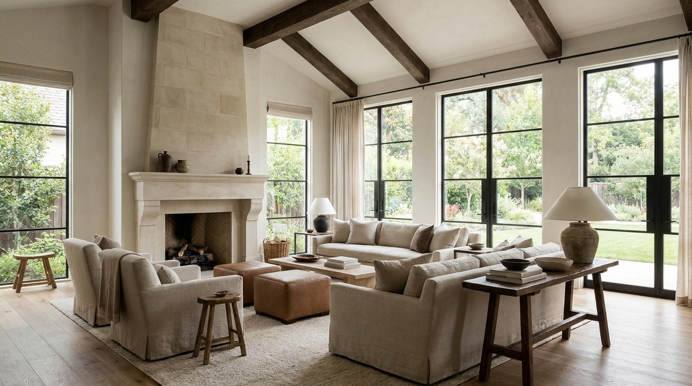 Timeless luxury home interior with classic architecture and natural materials