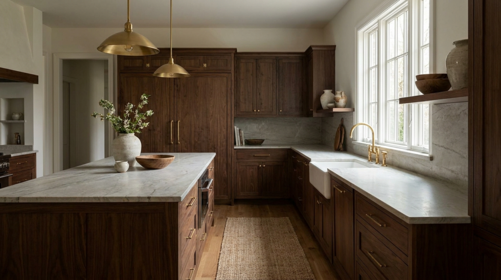 Luxury kitchen with natural stone counters and furniture-style cabinetry