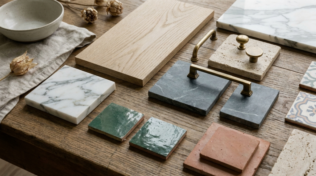 Luxury home material samples: stone, oak, marble, brass, and tile
