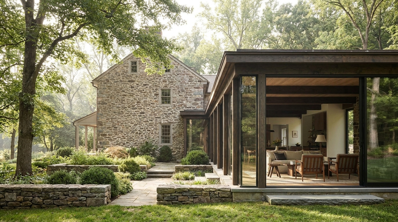 Bucks County home blending historic fieldstone with a modern glass addition