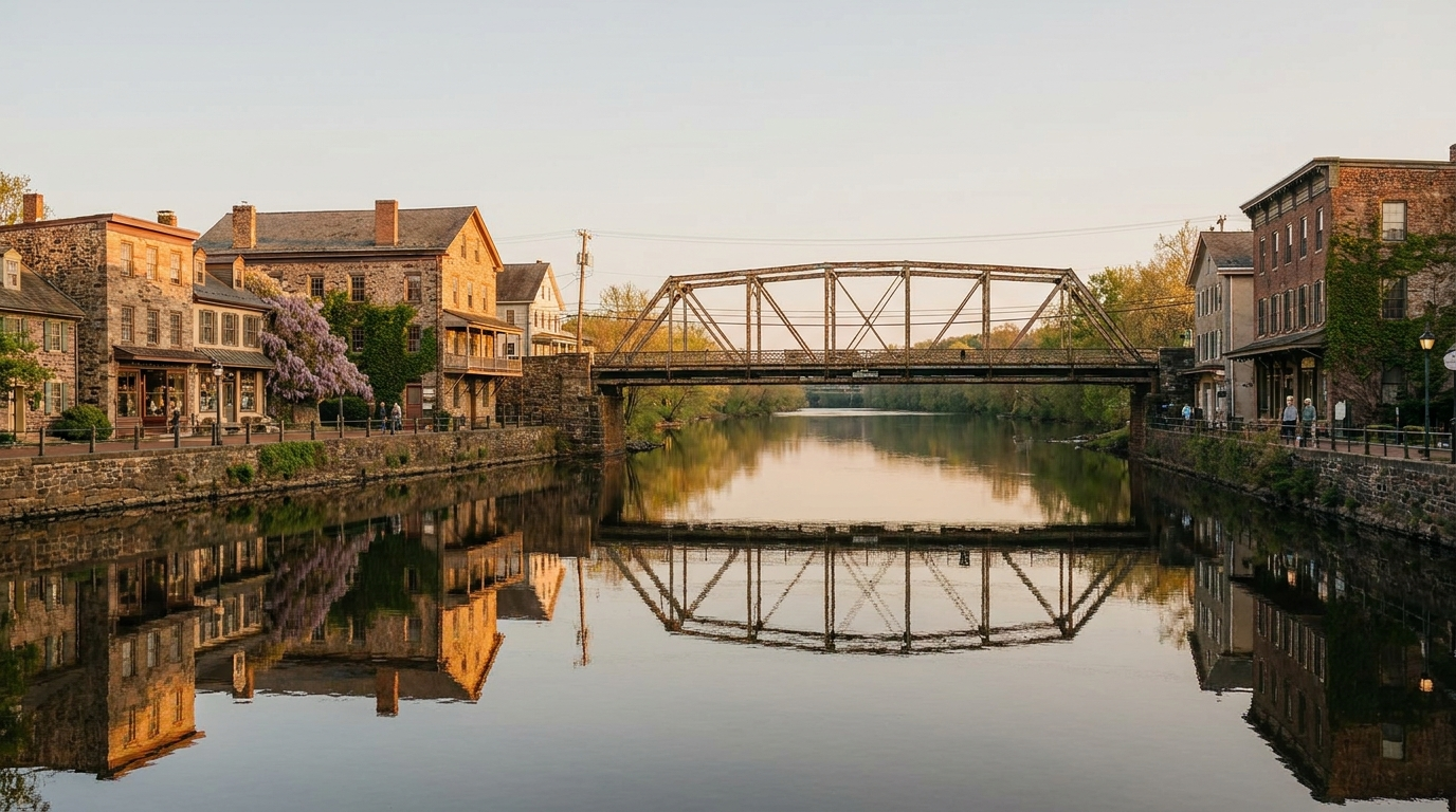 New Hope and Lambertville connected by the Delaware River bridge at golden hour