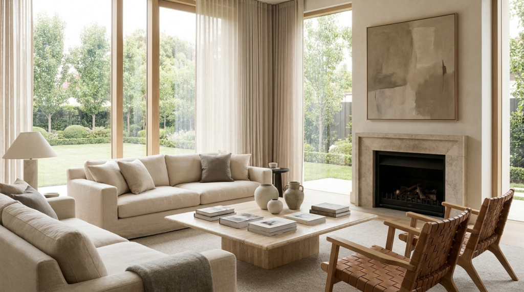 Bright, freshly styled luxury home interior prepared for market