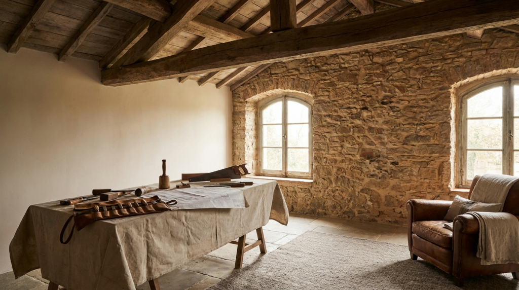 Interior of a historic Bucks County stone home mid-restoration with exposed stone and wood beams