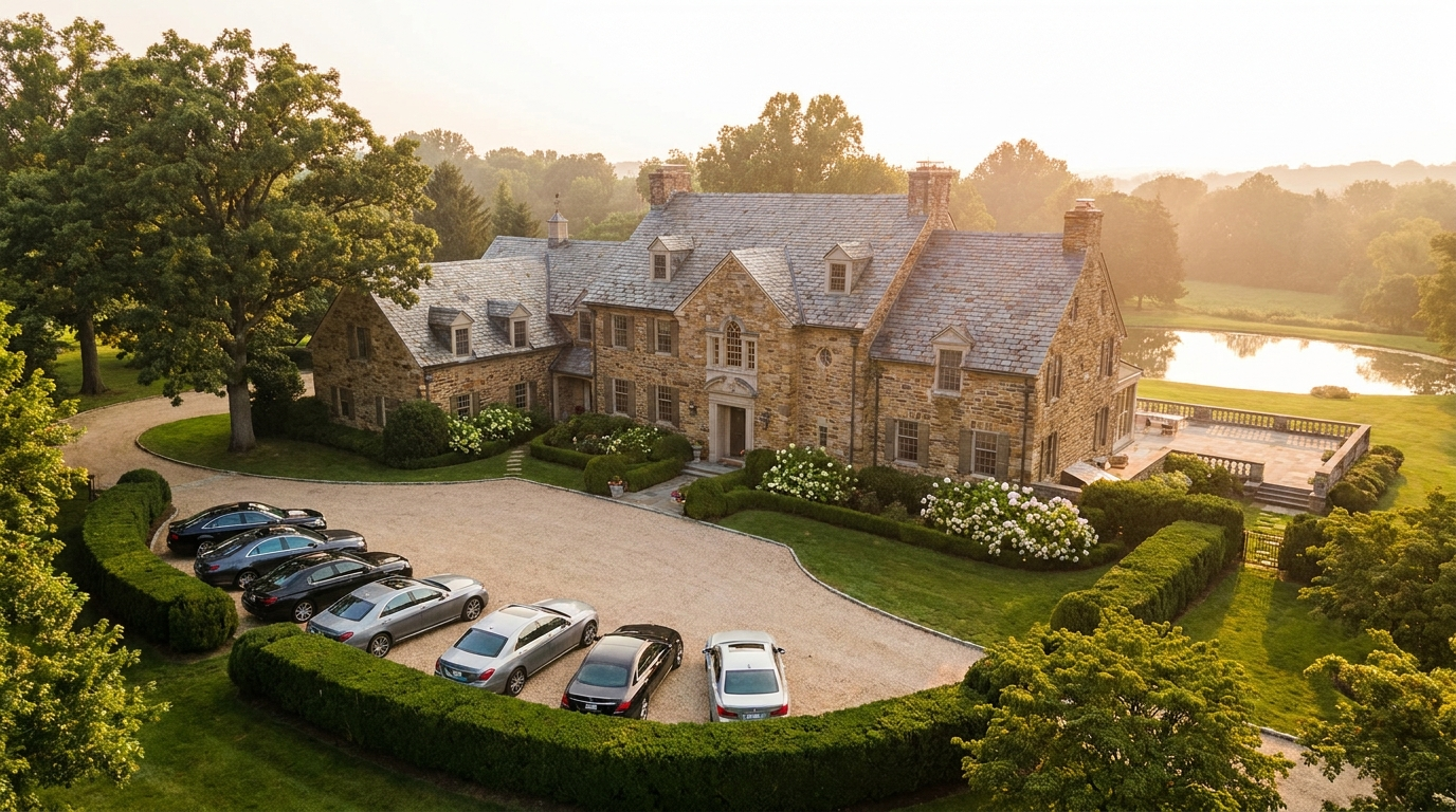 Luxury Bucks County fieldstone estate at golden hour