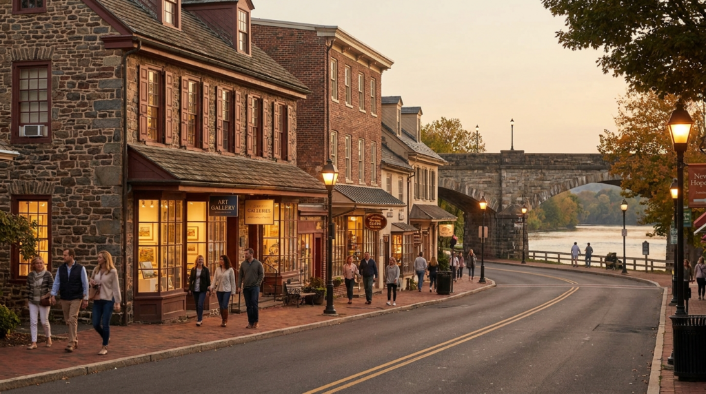 New Hope, Pennsylvania main street at dusk with galleries and cafes near the Delaware River