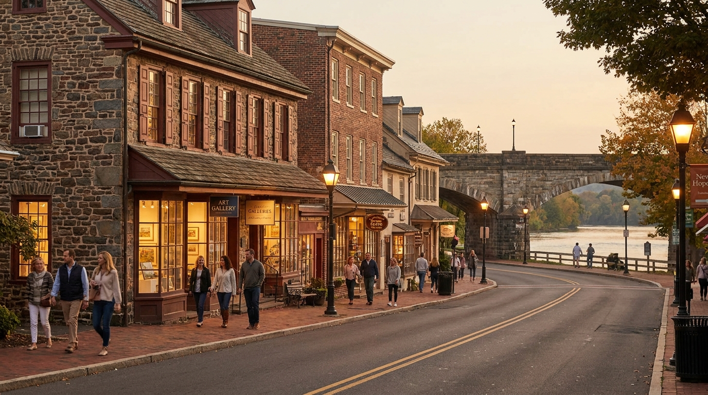 New Hope, Pennsylvania main street at dusk with galleries and cafes near the Delaware River