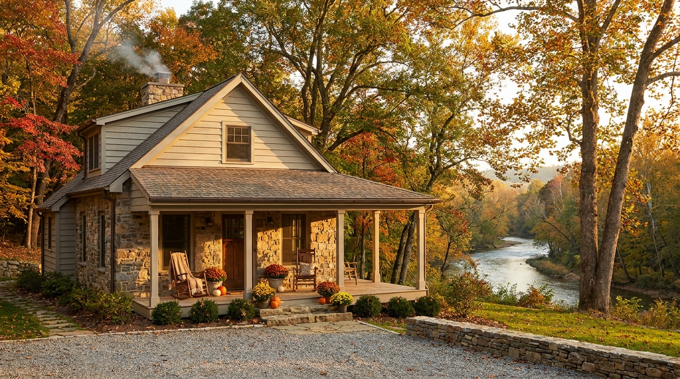 Luxury weekend retreat cottage with a covered porch near the Delaware River in Bucks County