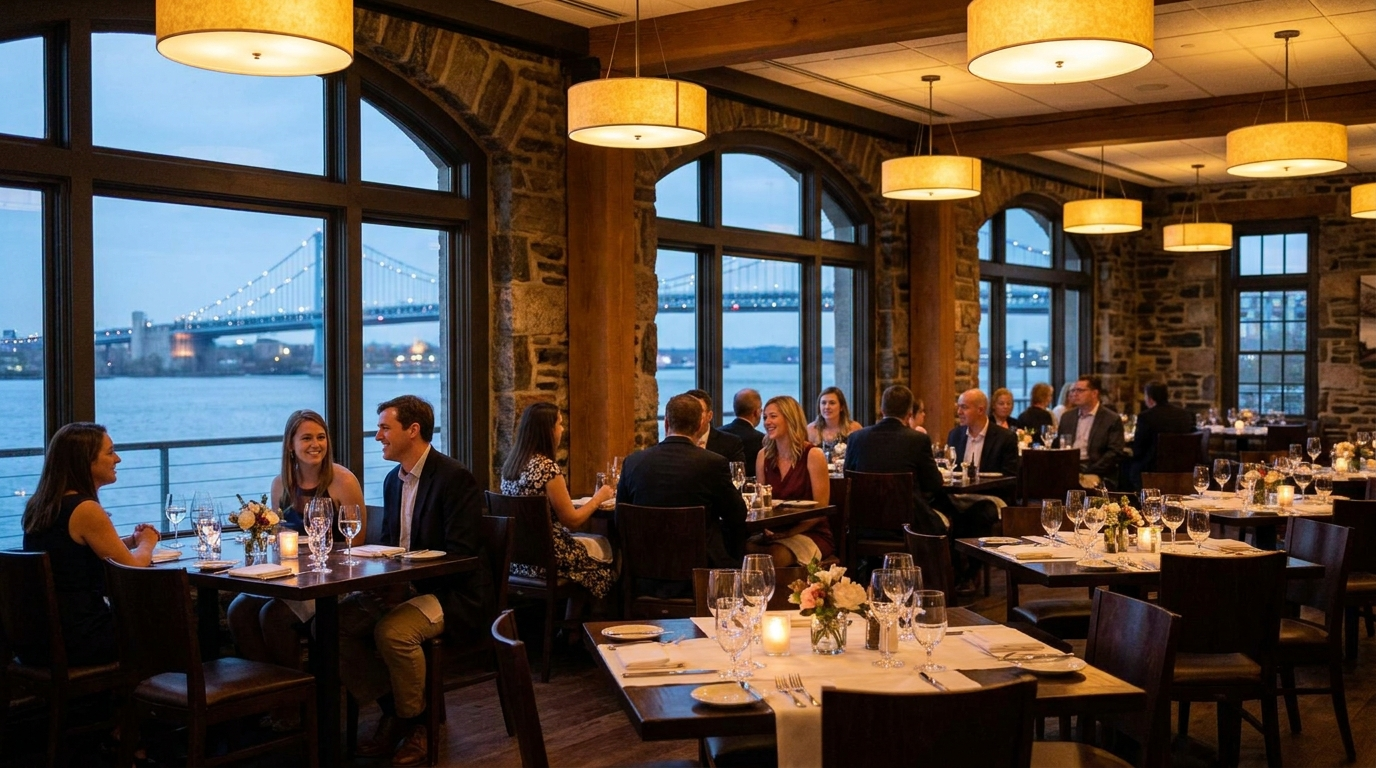 Elegant riverfront restaurant dining room in New Hope, PA