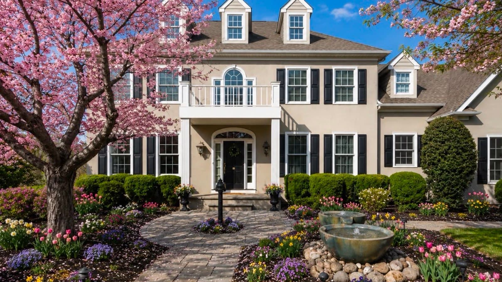 A stately colonial home in a sought-after Bucks County school district, framed by cherry blossoms and spring gardens