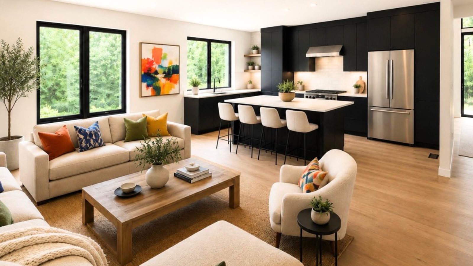 Modern open-plan living space in a New Hope, PA condo