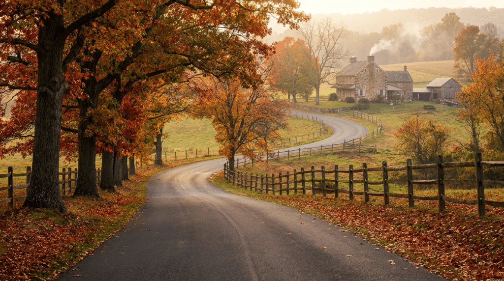 Autumn foliage over the Bucks County countryside with a historic stone farmhouse
