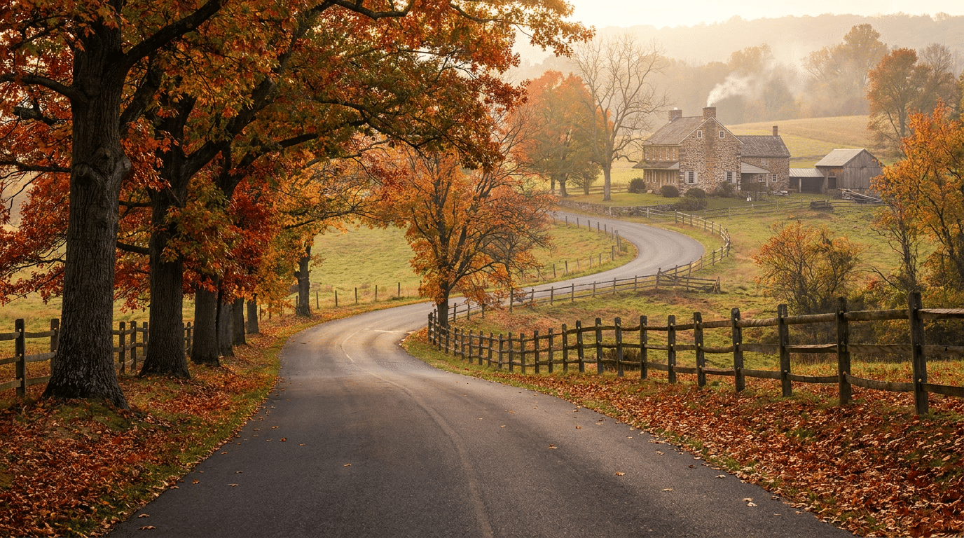 Autumn foliage over the Bucks County countryside with a historic stone farmhouse