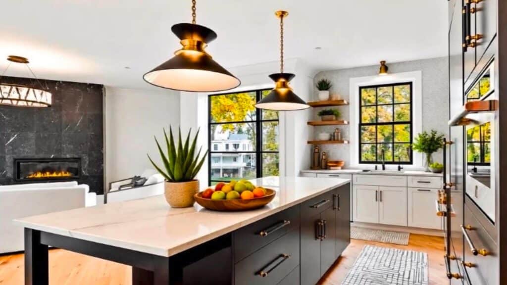 A renovated luxury kitchen with natural stone counters and custom cabinetry in a Bucks County home