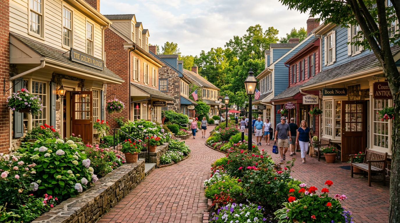 Colonial-style shops and gardens at Peddler's Village in Lahaska, Bucks County