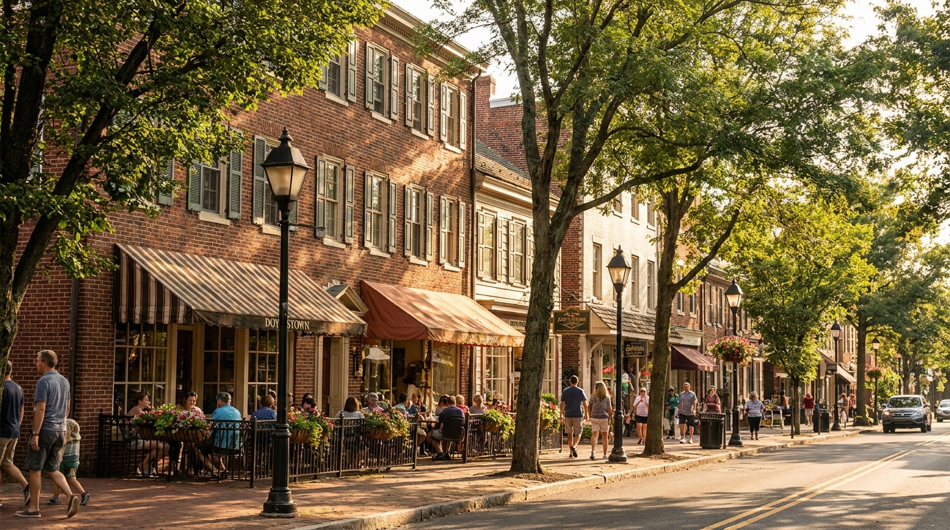 Historic Main Street with brick storefronts in Doylestown, PA