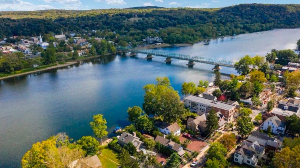 Aerial view of Lambertville, NJ and the Delaware River bridge